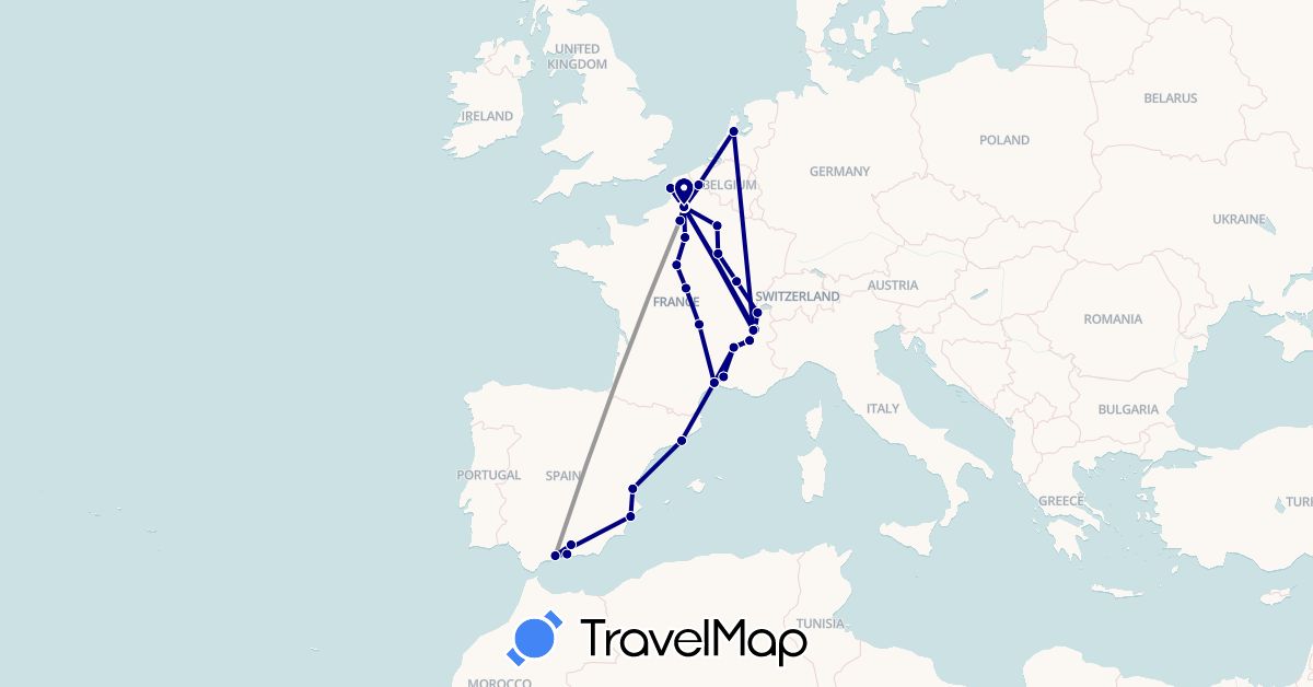 TravelMap itinerary: driving, plane in Switzerland, Spain, France, Netherlands (Europe)